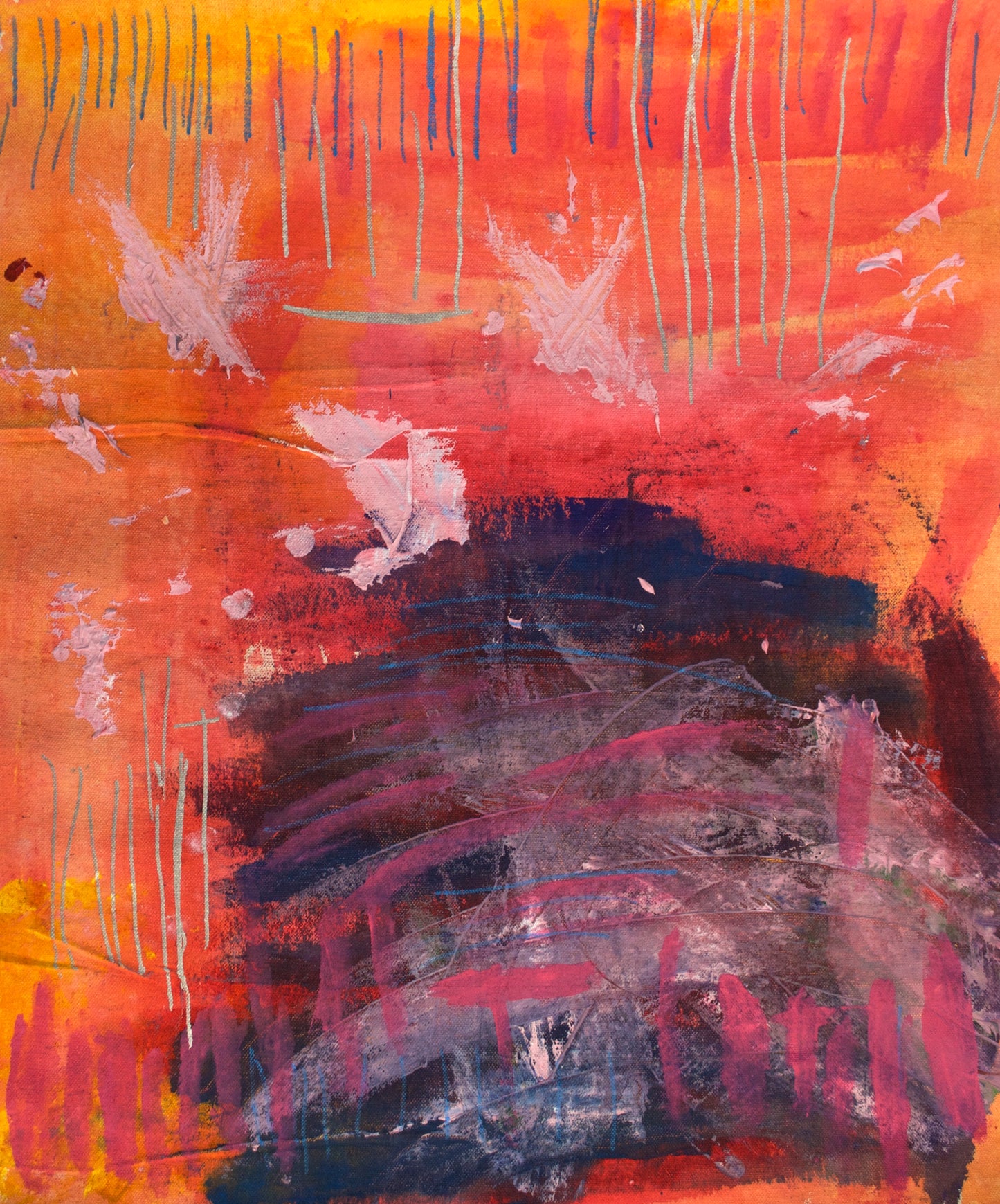 Yellow background with washes of orange. In lower right corner, dark red and blue patch. Short vertical lines of pink, green, and blue painted on top.