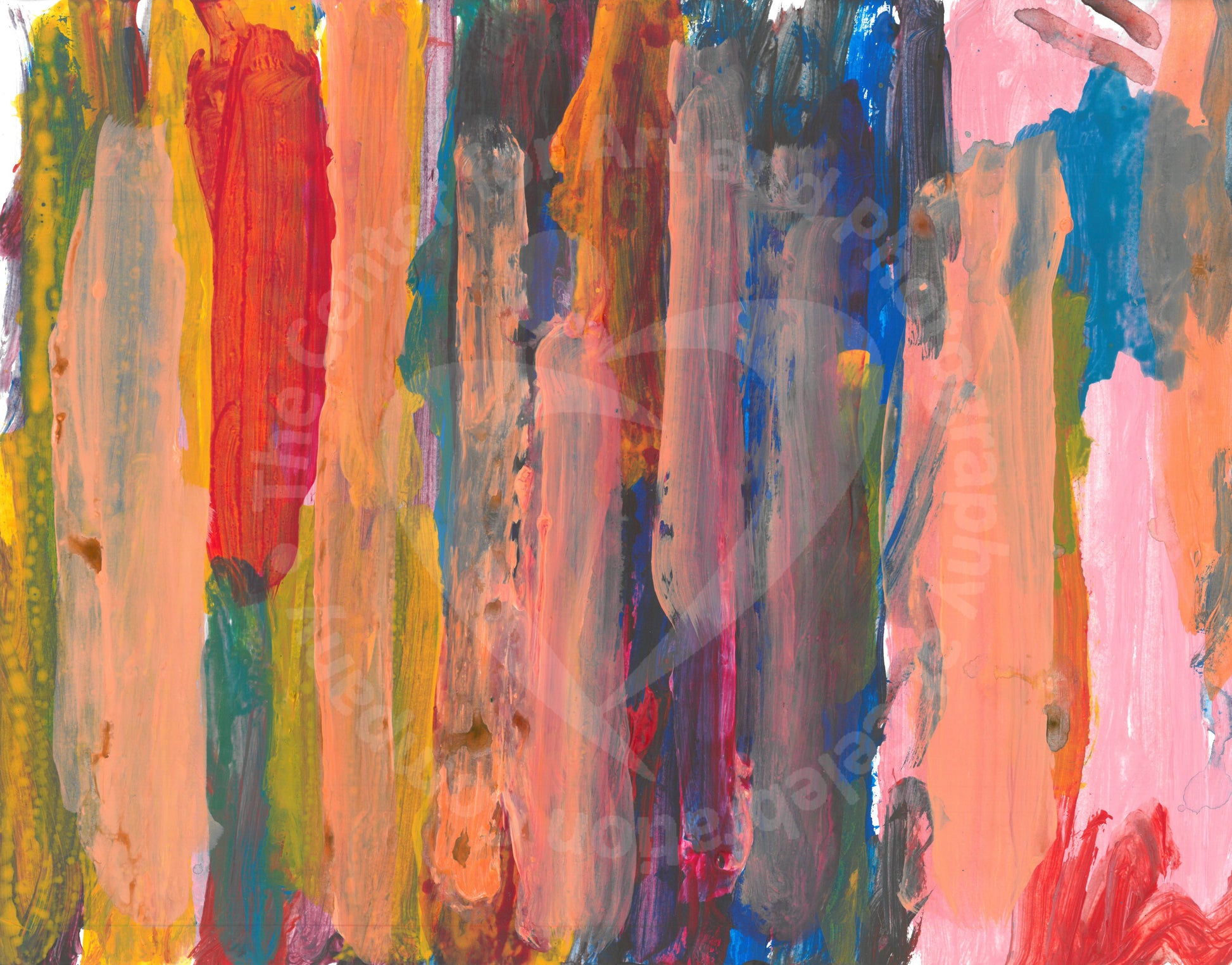 Layers of vertical brushstrokes overlapping. In the center the background is a dark blue, to the left is yellow, and the right is pink. The top layer of brushstrokes are mostly a pale pink