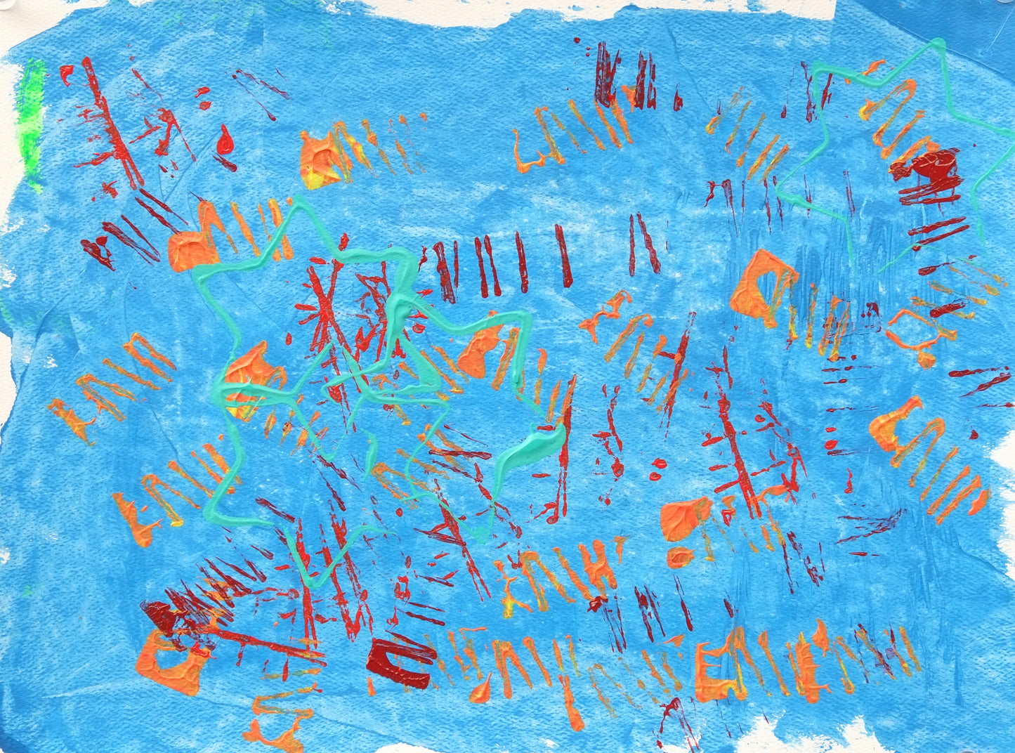 Orange and Red short lines scattered across a pale blue background with faint aqua Star of Daivds.