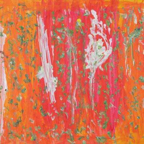 Painting of mostly oranges and reds in the background with dabs of greens on dots all over and three white skinny white lines.