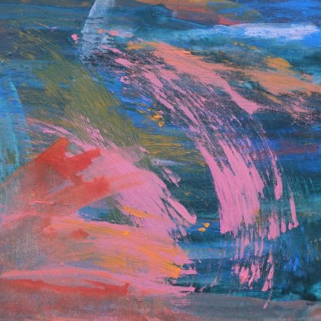 Acrylic on canvas artwork inspired by the sky at sunset. Fluffy blue and green horizontal lines in the background with pops of pink and orange curved on top