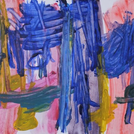 Acrylic on paper artwork with yellow and pink vertical paint strokes in the background. The painting is dominated by dark blue paint strokes down the middle and on the top to the right and left
