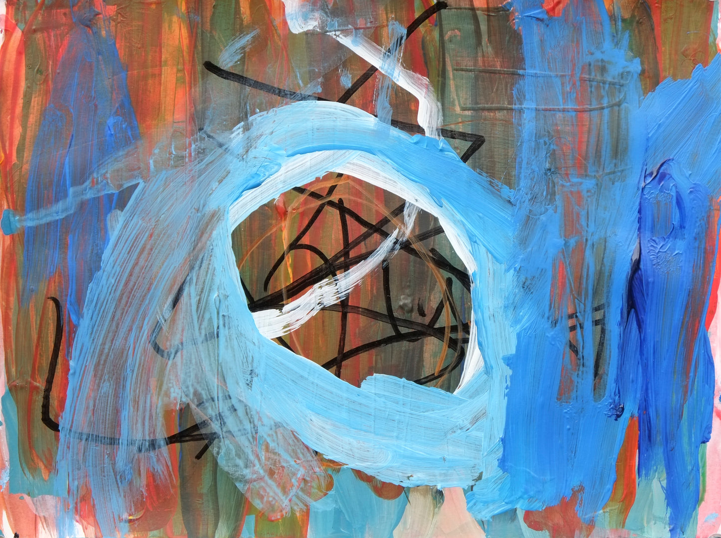 Bright light blue circle painted on top of a muted wash of red vertical brush strokes with black lines in between