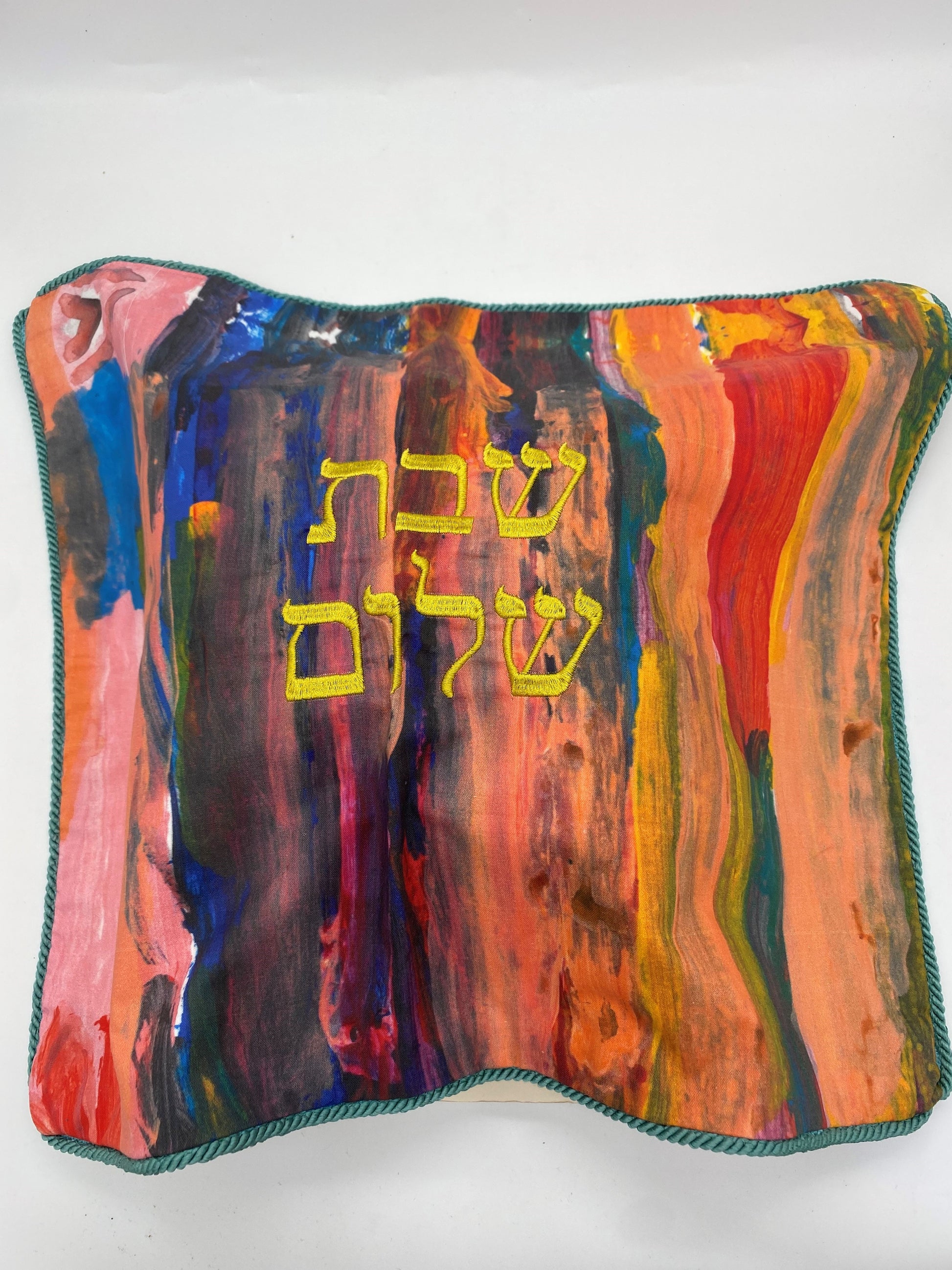 Challah Cover with Gold Embroidery and Turquoise Trim