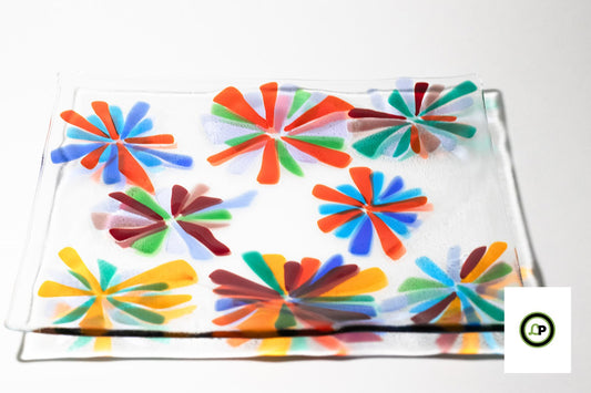 clear glass plate with flower pattern multi colored glass