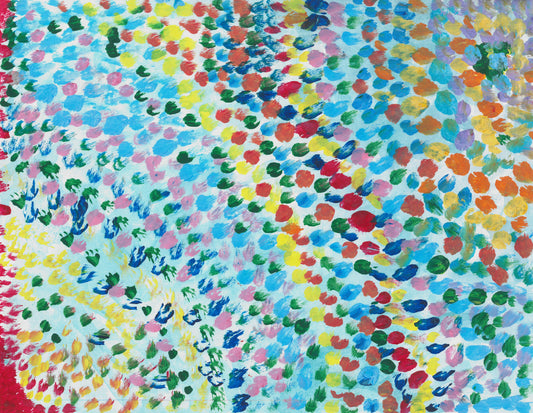 This ia an abstract piece of art comprised of dots. Several different colors including blue, pink, red, orange, yellow and grren.