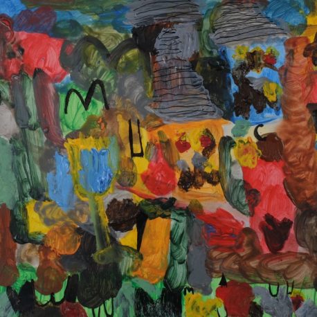 Acrylic on paper artwork with mixed paint swirls of gray, red, blue, yellow, orange and green