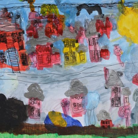 Acrylic on paper artwork of railroad tracks bisecting two sets of homes in pink, orange, red, and yellow colors with gray rooves. A sun shines from the top right corner and a brown fence runs along the bottom