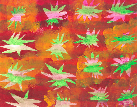 This is an abstract painting with an oange and deep red background. There are 16 star shapes in rows and columns that are pink and green