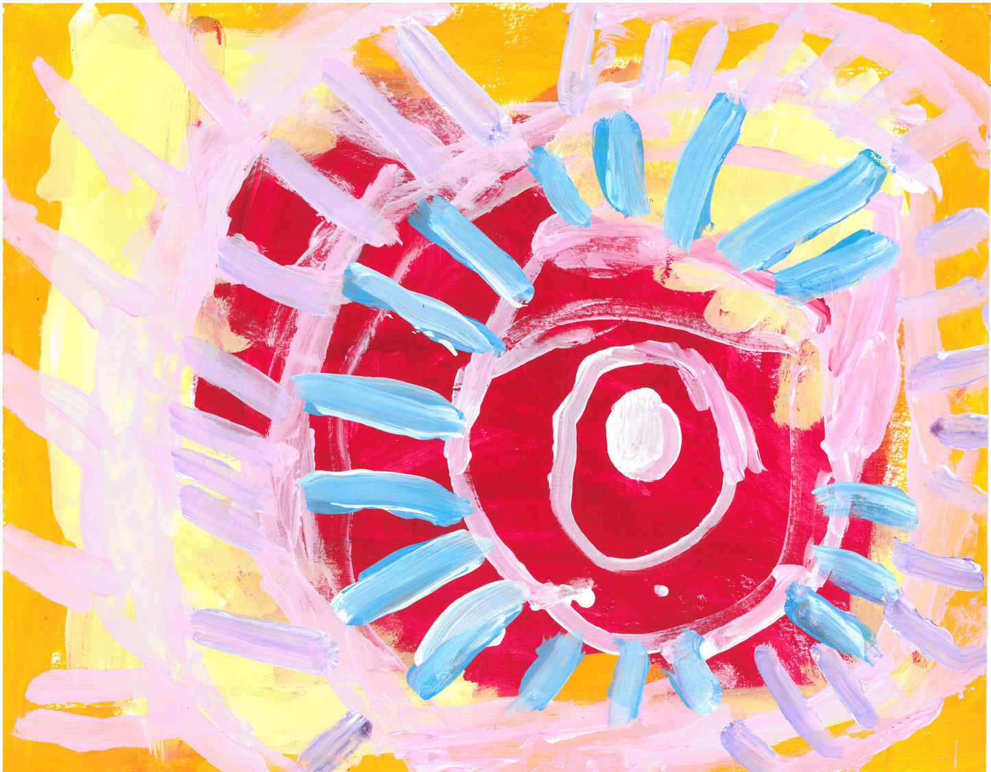 This abstract image suggests a sun with rays against an orange and yellow background. A central deep red oval with a center dot of white features three rings of pale pink with rays like spokes extending from them. The inner ring has light blue rays, while the two outer rings have pale pink rays.