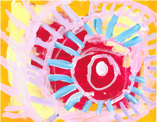 This abstract image suggests a sun with rays against an orange and yellow background. A central deep red oval with a center dot of white features three rings of pale pink with rays like spokes extending from them. The inner ring has light blue rays, while the two outer rings have pale pink rays.