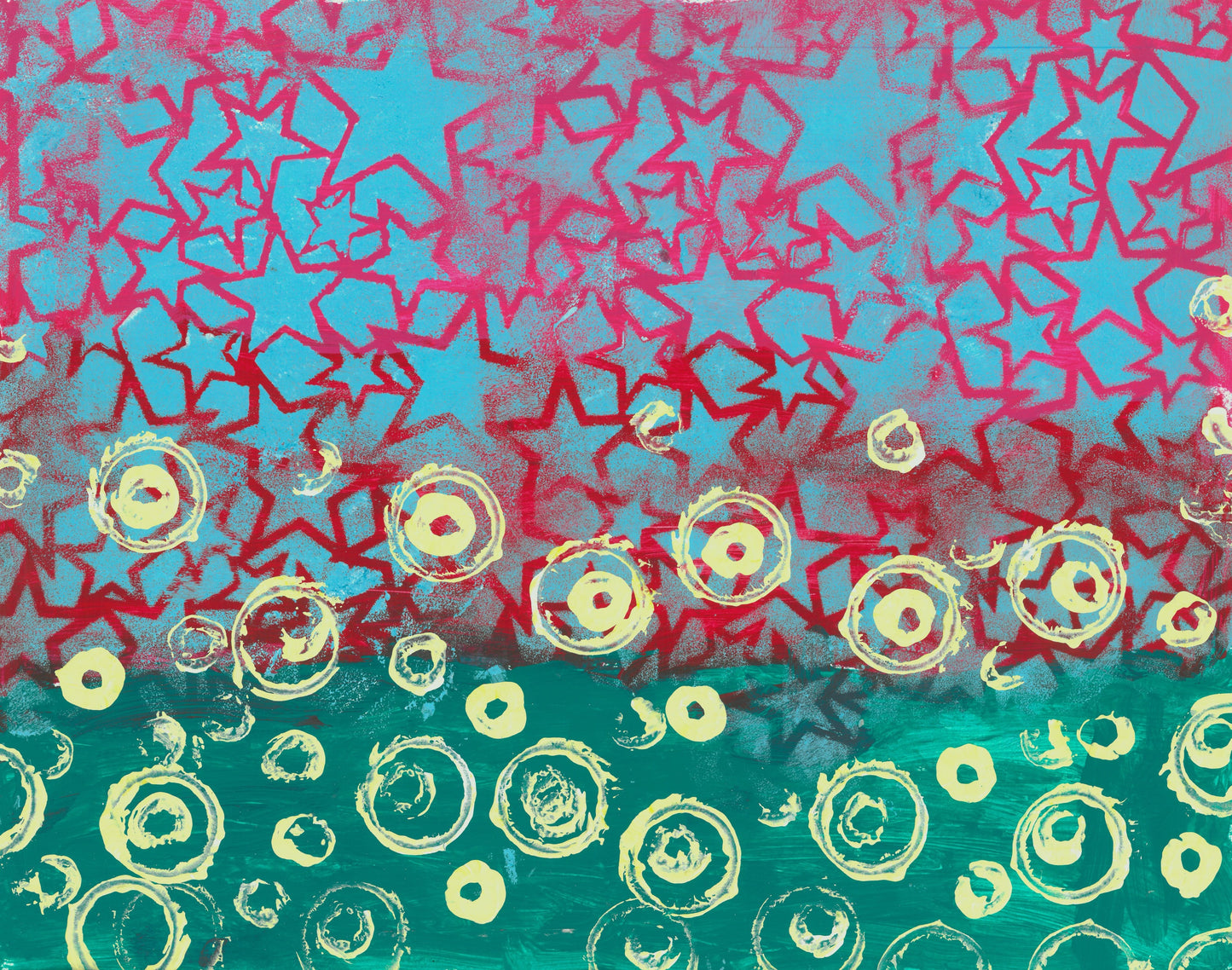 This is a painting of stars and dots. The bottom is comprised of a blue background and red stars, while the top is a green background with pale yellow circles