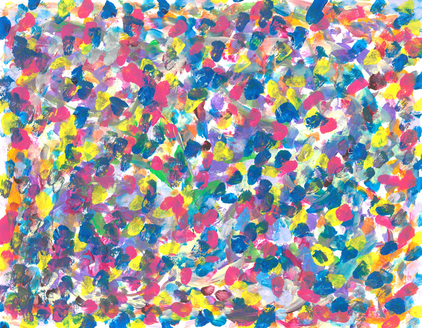 Painting made with dots overlapping of the following colors: pink, blue, purple, and yellow