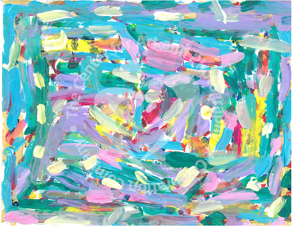 Artwork depicting pink, turquoise, lavender, green and yellow paint streaks