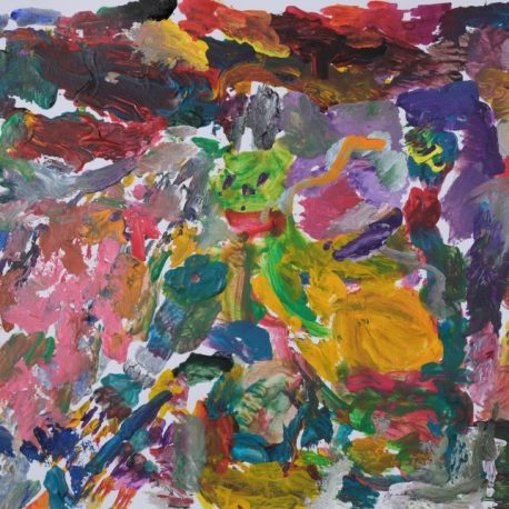 Acrylic on paper artwork depicting white background with multicolor paint streaks with a focal green dot in the center