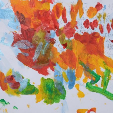 Acrylic and graphite on paper artwork with a white background and orange, red, green and blue paint strokes