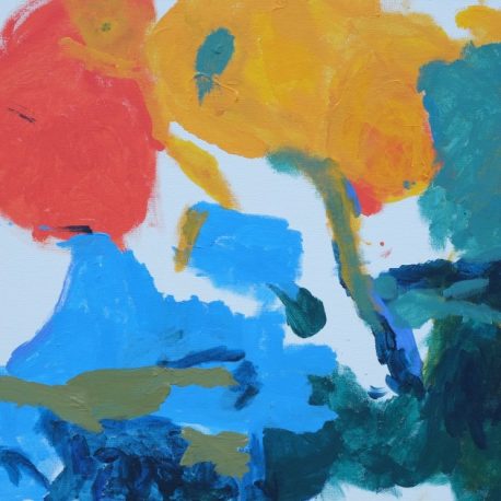 Acrylic on canvas artwork with a mostly white background featuring a large red/orange and yellow oval at the top with a dark and light blue oval at the bottom. The right edge features green ovals