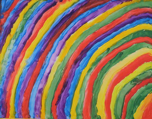 Curved stripes of red, blue, purple, yellow, and green alternate. Bottom right corner alternates yellow, green, and red.