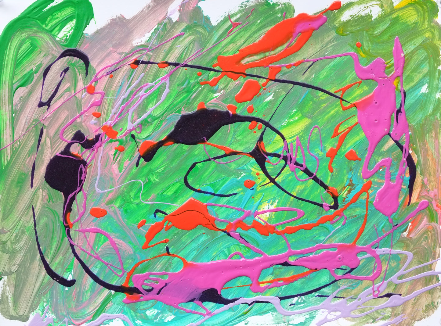 Acrylic on paper artwork with light green background behind drizzled black, red, and fuchsia colored paint