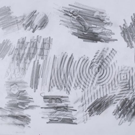 Graphite on paper artwork with white background and circle and square pencil patterns