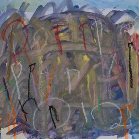 Acrylic and oil pastel artwork with a camo green background with a light blue at the top edge and a dark blue/purple at the bottom edge with smaller red, black, and white marks over top