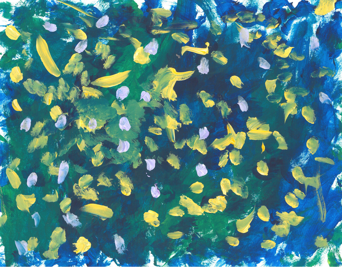 This is a blue and green background painting with white and yellow dots and paintstrokes