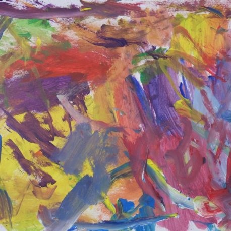 A series of painted areas closely placed together. Yellows, purples, reds, and blues.