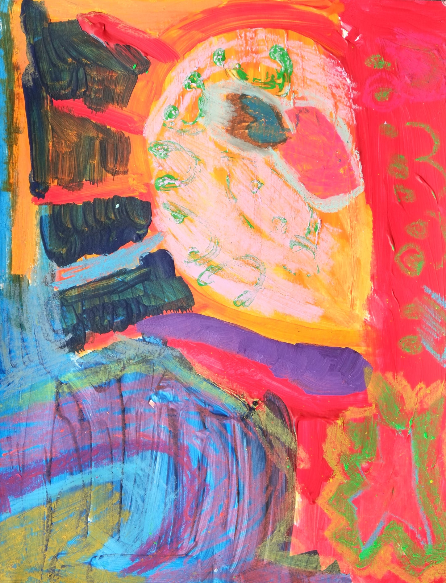 Bright colored painting with the top half mostly orange and red, the bottom blue. Drawn on top are layers of colors and patterns