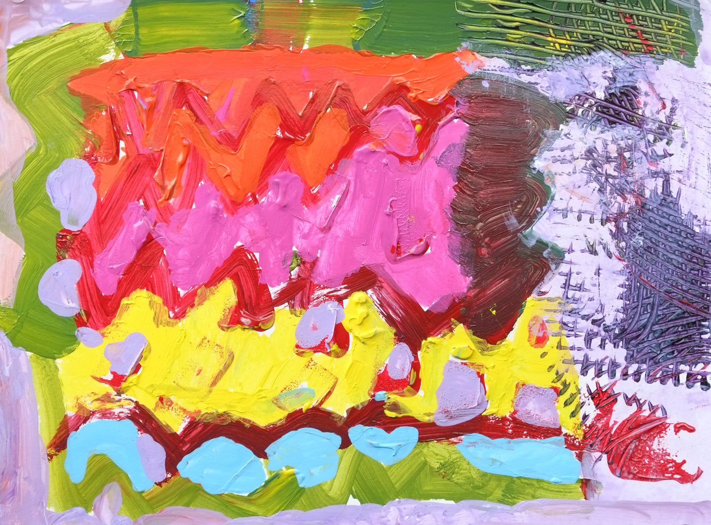 Red horizontal zig zags surrounded by bright orange, pink, yellow, green, blue, purple. One the right, there are areas where the paint is scraped away