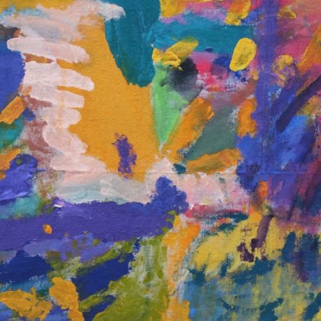 Acrylic on canvas artwork depicting purple, yellow, turquoise, and pink paint streaks in the background with a white river running from top to center
