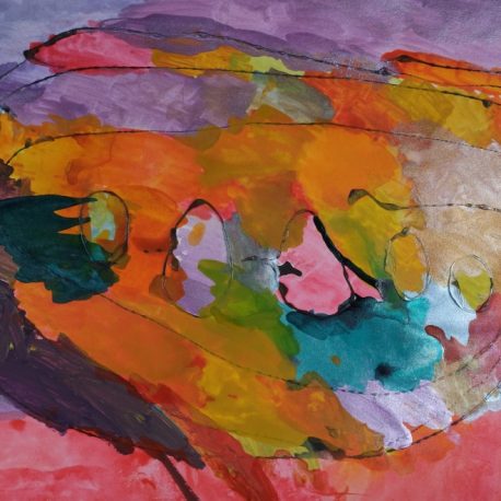 Ink on paper abstract artwork with melting colors of lavender, pink, orange, yellow, teal and green with black lines and circles
