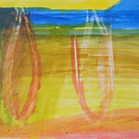 Ink and wax on paper artwork with yellow, blue, orange and red striated background with vertical orange ovals