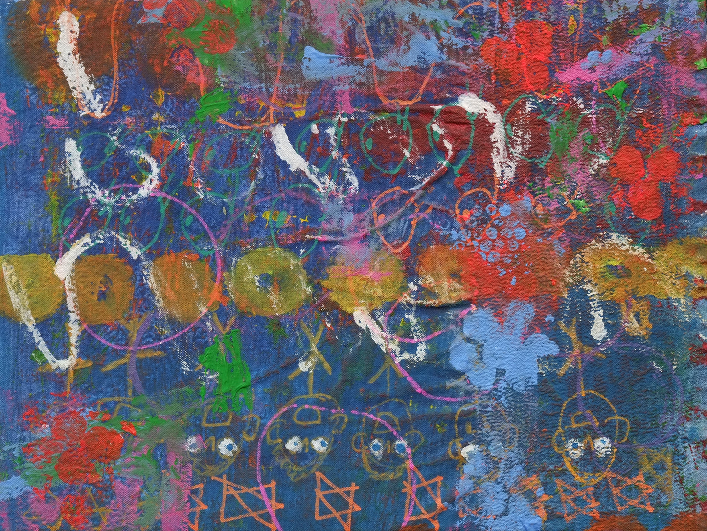 Acrylic on canvas artwork with blue background and horizontal lines of patterns including teal circles, yellow circles, yellow faces, and orange stars