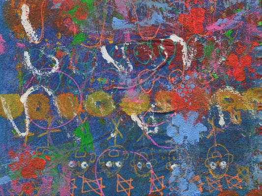 Acrylic on canvas artwork with blue background and horizontal lines of patterns including teal circles, yellow circles, yellow faces, and orange stars