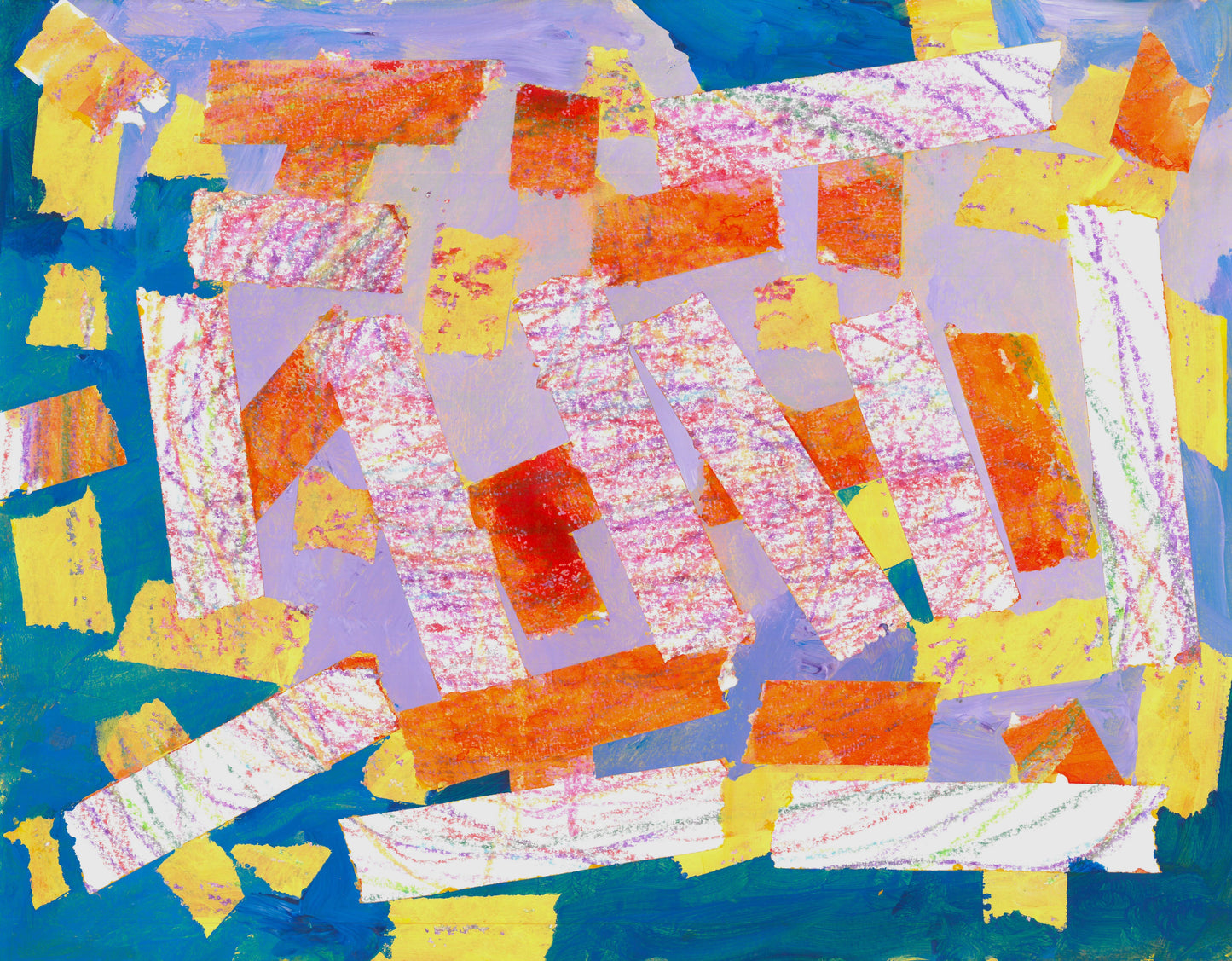 This is an artwork with scriblles in the background, and several abstract rectangles layered pon top. COlors include blue, pink, yellow and orange and white