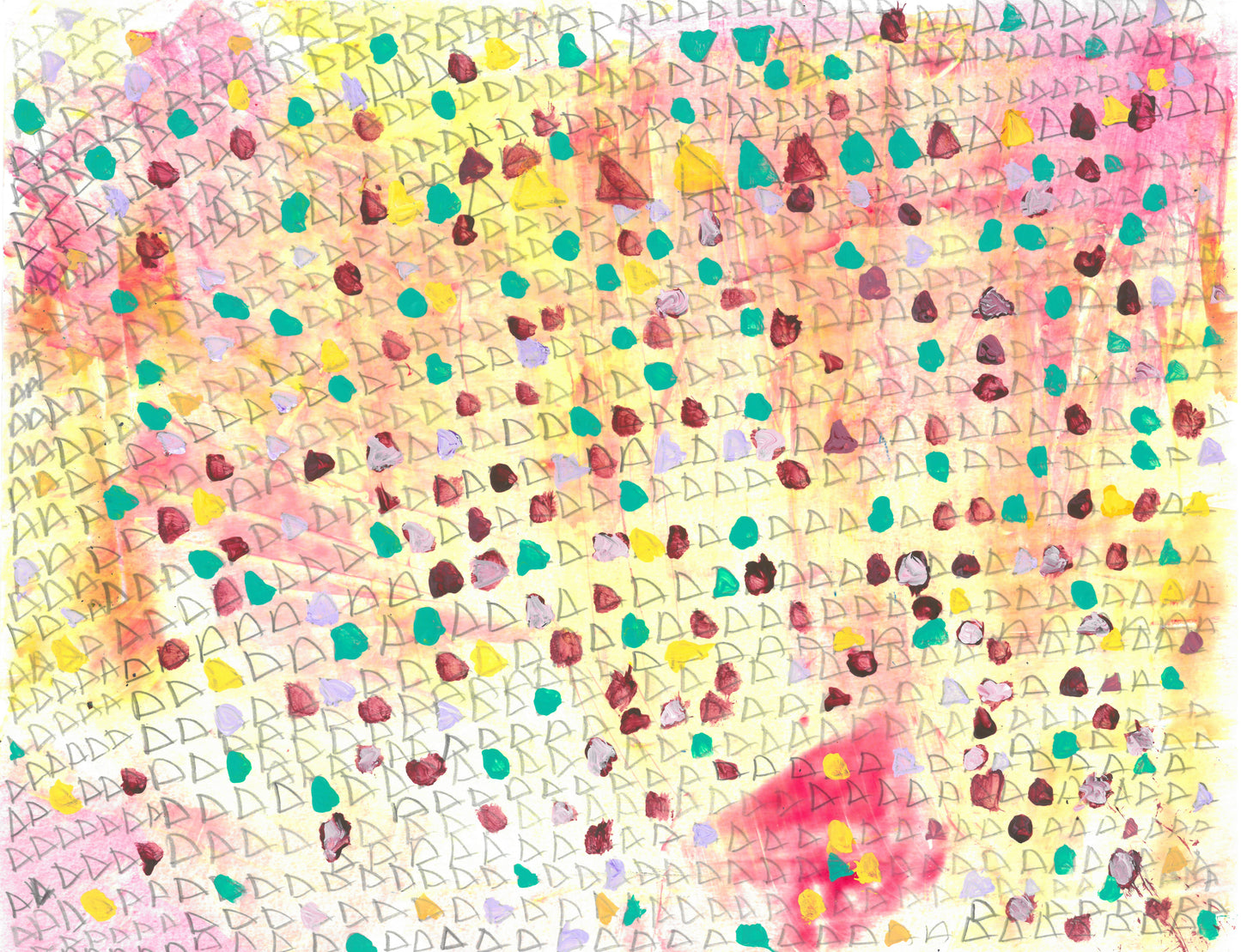 Against a background of blurred tints of white, yellow, orange, red, and pink are hundreds of gray outlines of equilateral triangles. Some of the triangles are colored aqua, deep red, yellow, or pale lavender. A few of the colored triangles have rounded corners.
