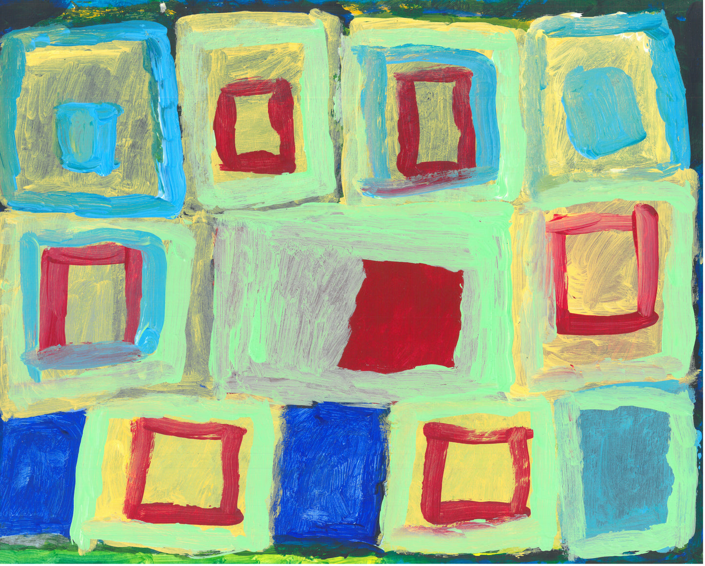 There are three rows of stacked squares, 4 on the top, 3 in the middle, and 5 on the bottom. The leftmost and center squares on the bottom row are solid medium blue, while the others features squares within squares. Soft pale green dominates with accents of deep red, yellow, and sky blue.