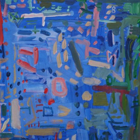 Acrylic on canvas artwork with blue background with various shapes of pink, red, and green with blue dots