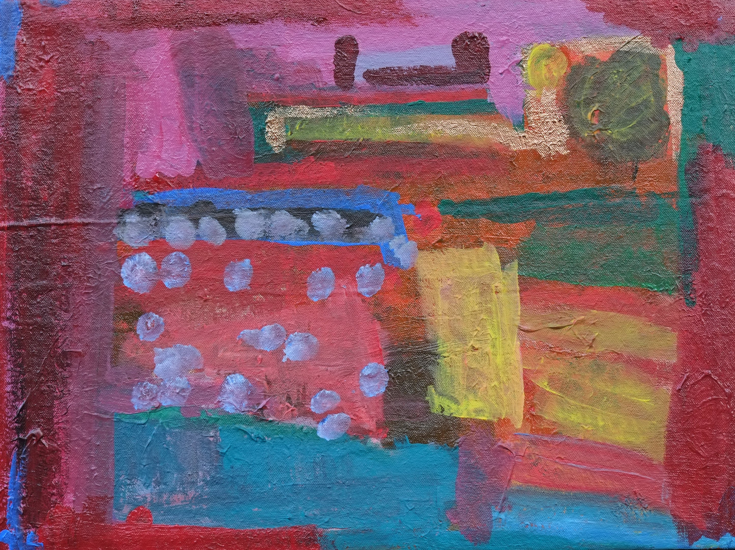 Mostly a red canvas, with patches of green, yellow, and blue. Dots of light blue in off center