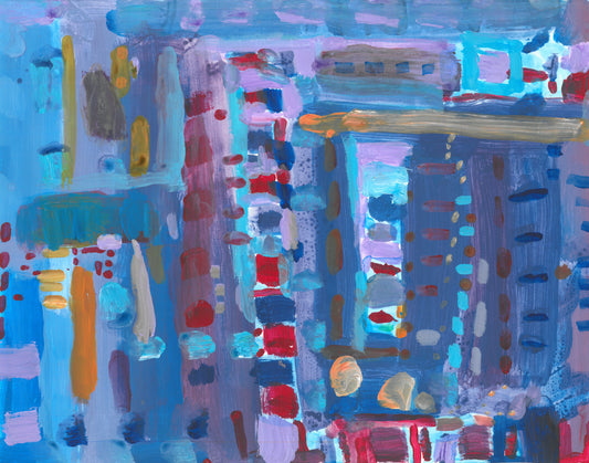 This is a painting comprised of several different shades of blue lines in different directions. There are orange, red, and purple shades as well.