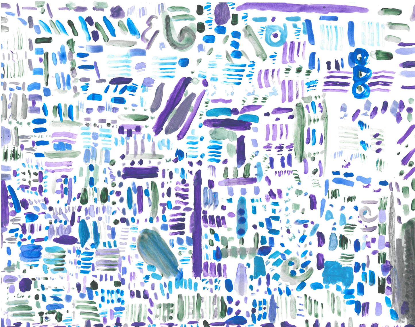 Lots of white background is visible behind short, mostly straight streaks in shades of purple, blue, and green.