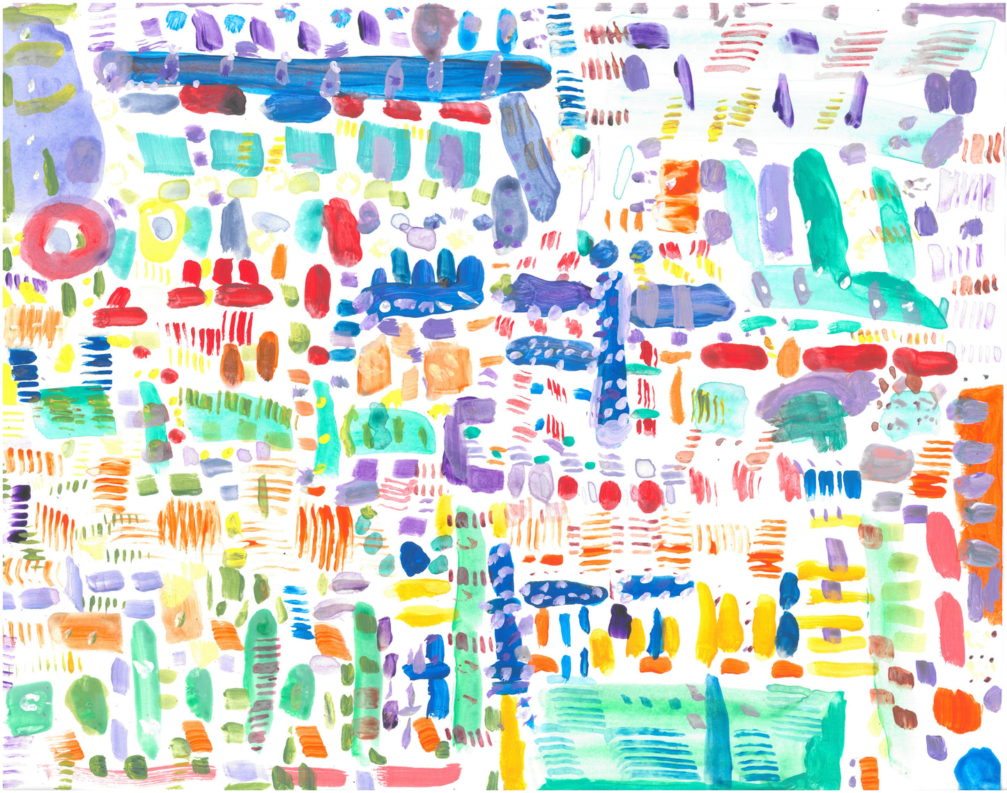 On a white background are streaks, swaths, splotches, and dots of dark blue, purple, red, green, orange, and aqua…and near the upper left corner, one small circle of red.