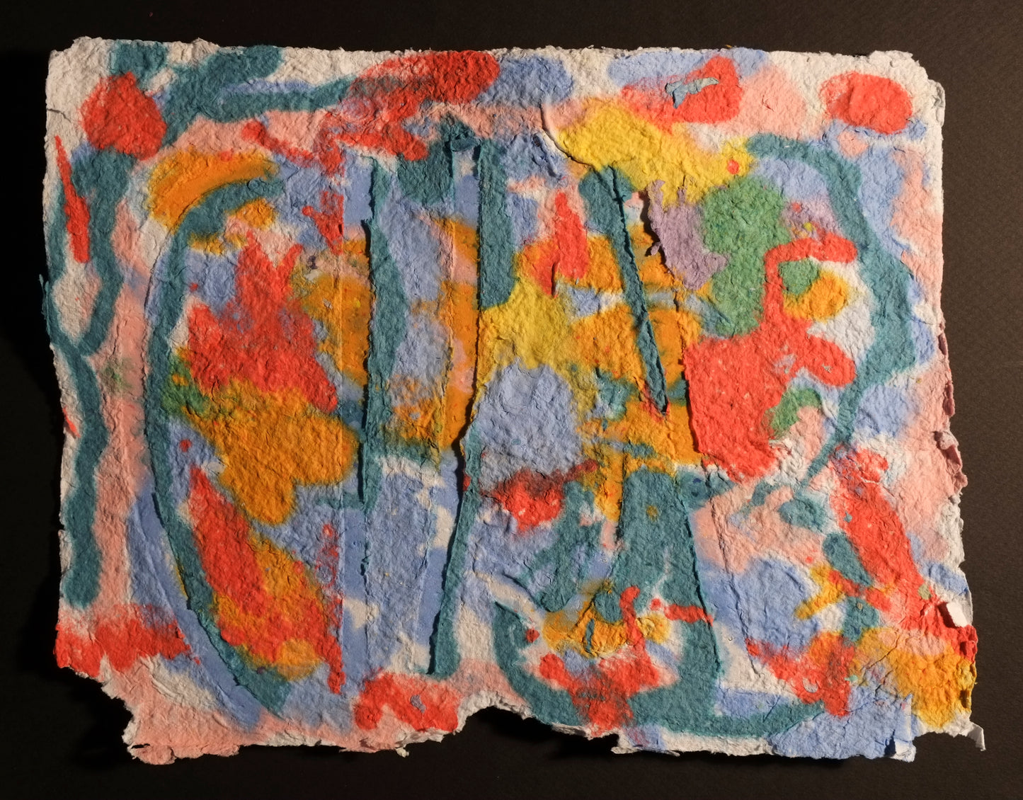 Pigment on recycled paper artwork with abstract shapes of red, teal, green, yellow and periwinkle colors melding together