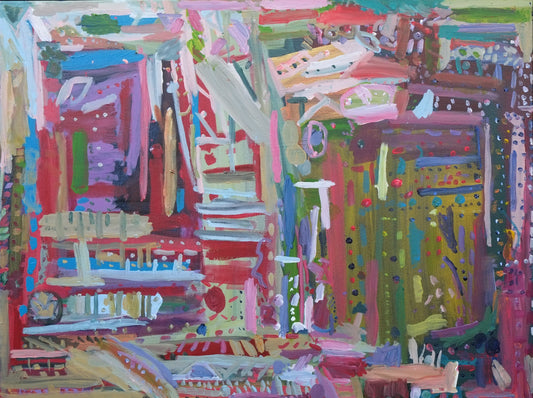 Muted and multiple colored lines vary in length and width with dots in between. Color palate is mostly neutral  with muted purples, pinks, greens, blues, and yellows