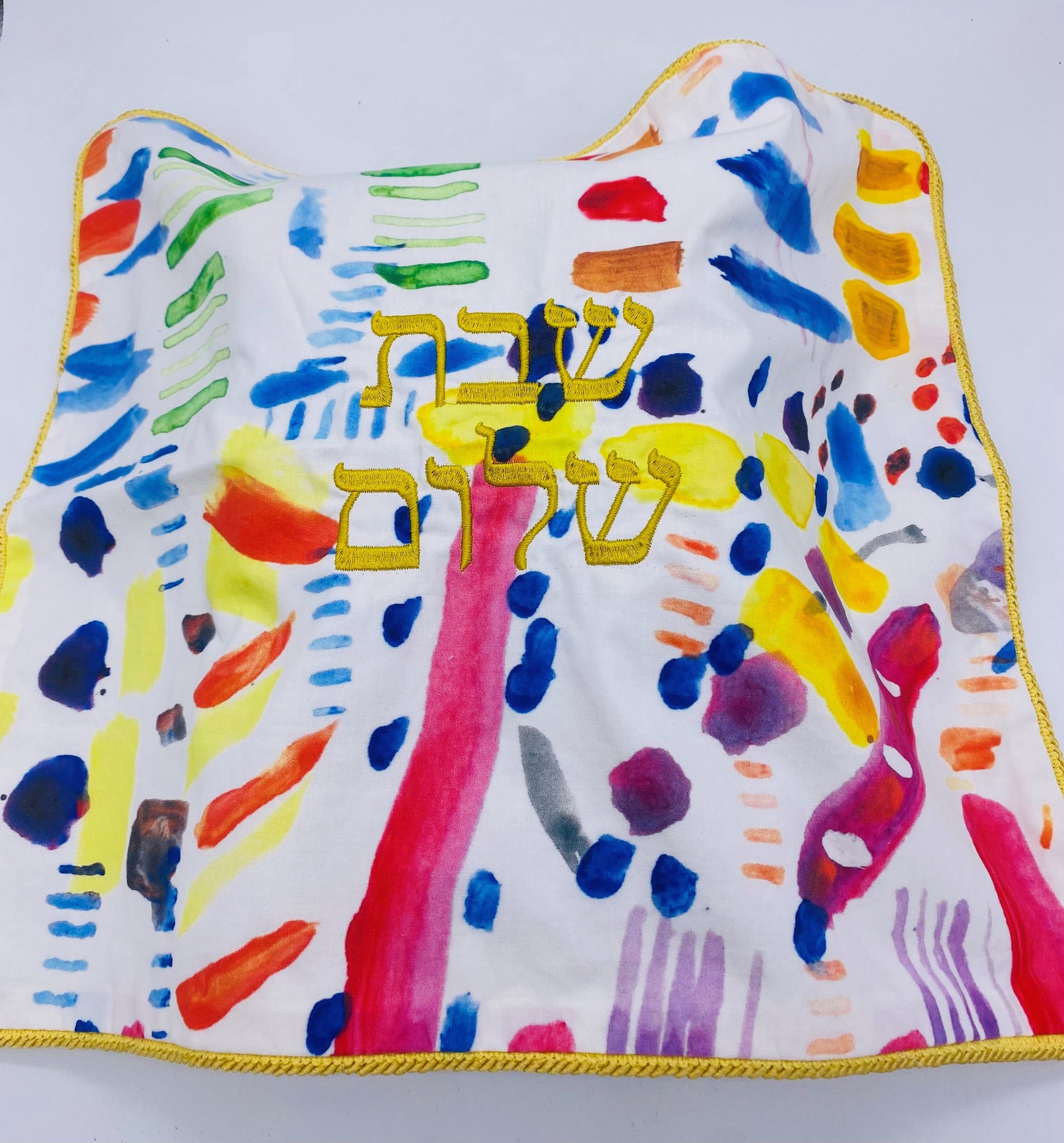 Challah cover with gold embroidery and yellow trim