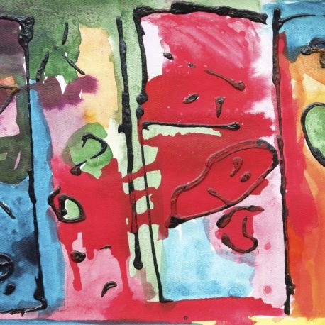 Acrylic on paper abstract artwork with green, red, yellow, blue and orange colored background beneath black outlines