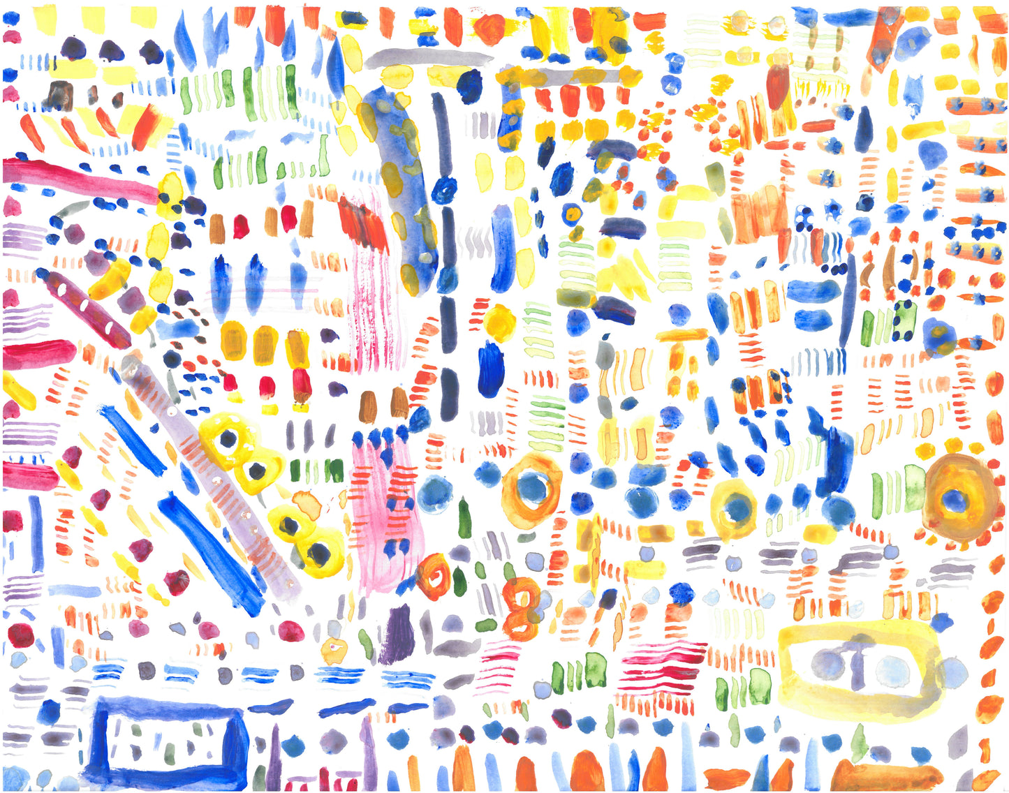 On a white background streaks and dots in shades of blue and yellow dominate those of red, orange, and green.