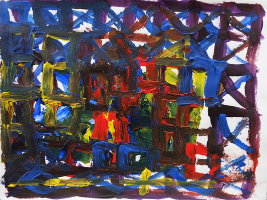 Grid of boxes made with yellow, red, blue and purple. The outer boxes have x's in them