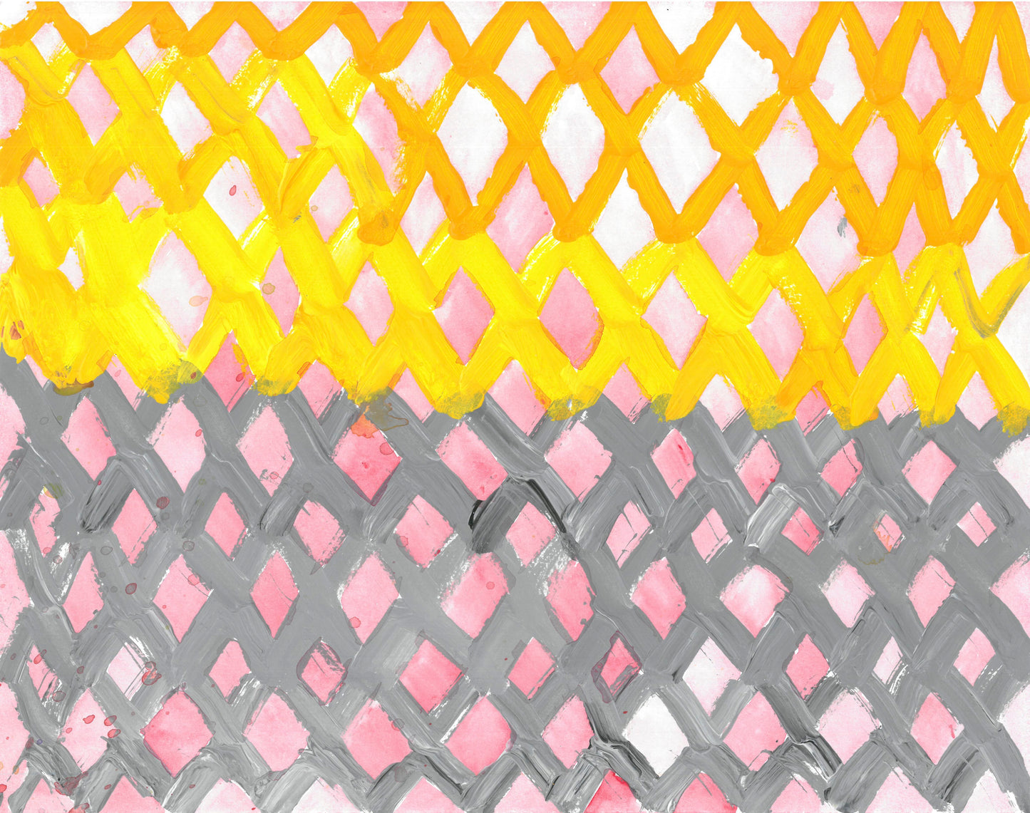 Painting of lattice work. The three top rows yellow and the three rows underneath gray. In between the lattice is a light wash of red