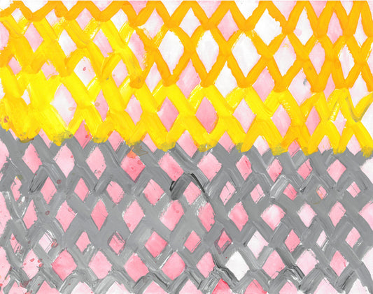 Painting of lattice work. The three top rows yellow and the three rows underneath gray. In between the lattice is a light wash of red